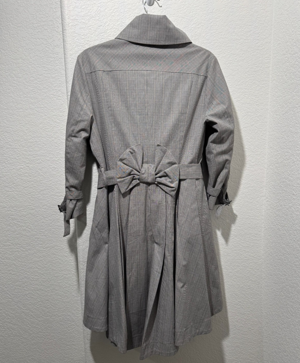 90s Preppy Grey Plaid Jacket Swing Coat Womens Medium Belted Preppy Bow Accent
